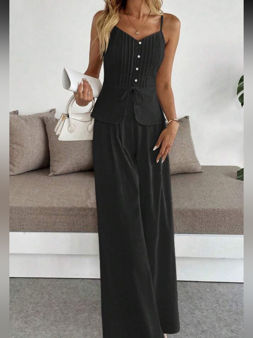 Black 2 Piece Wide-Leg Pants with Structured Corset Bodice Top Set - Picture 4 of 6